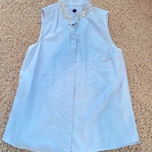 J. Crew sleeveless button down with jeweled and ruffle detail
